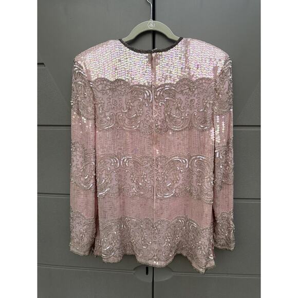 Vintage Talbots Joan Leslie Womens Pink All Over Sequin Beaded Silk Blouse Sz L - Picture 6 of 9
